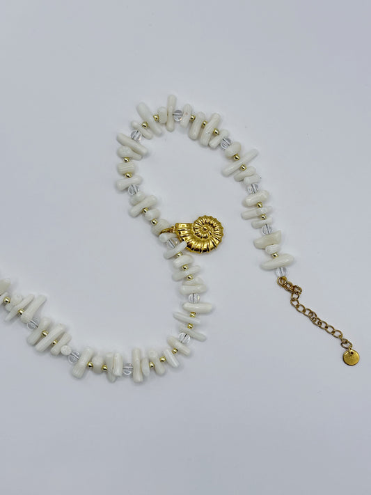 White coral beaded necklace with shell pendant