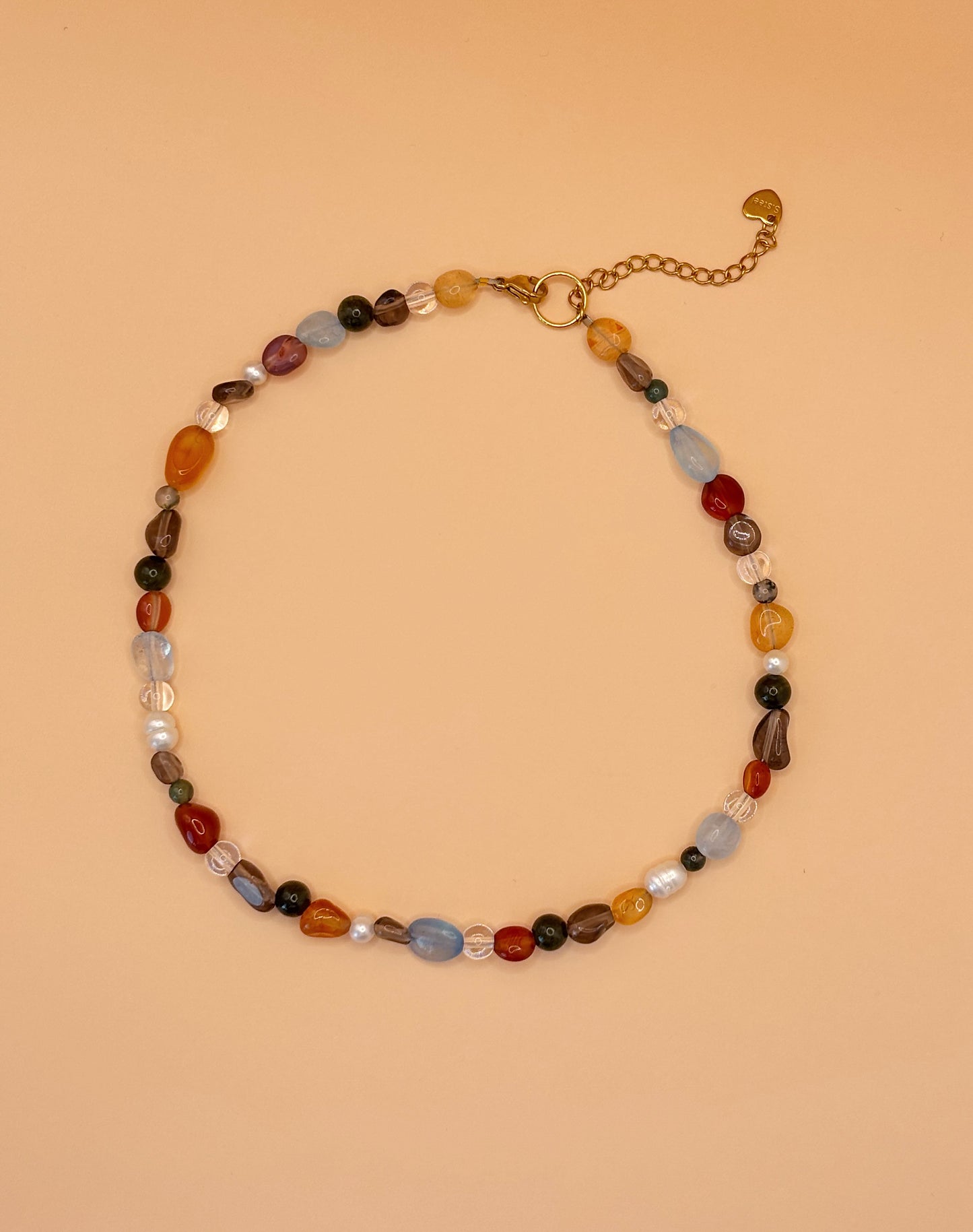 Beaded gemstone necklace with agate, jade and pearls