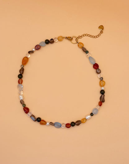 Beaded gemstone necklace with agate, jade and pearls