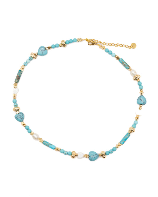 Turquoise necklace with pearls and hearts