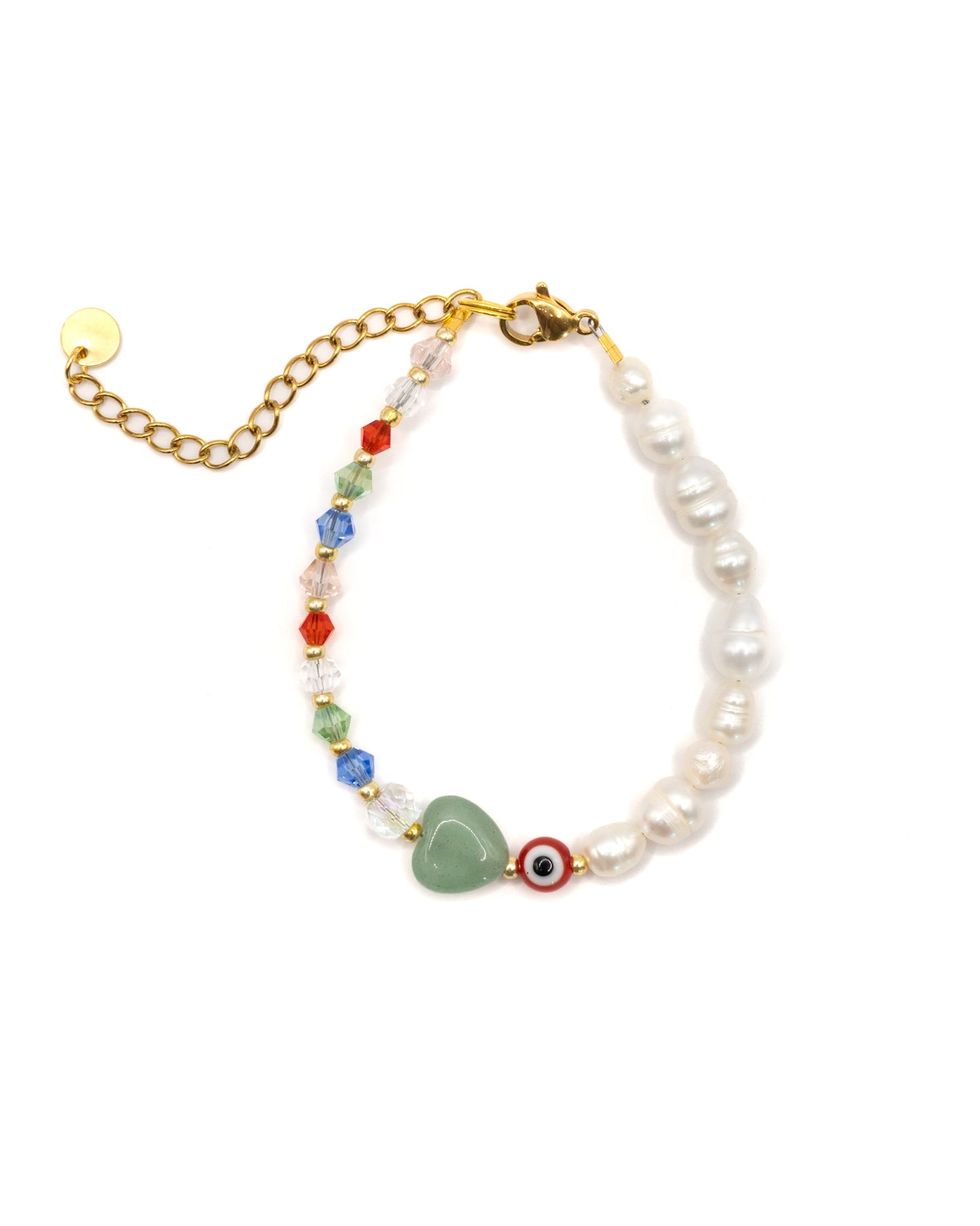 Pearl bracelet with evil eye and heart beads