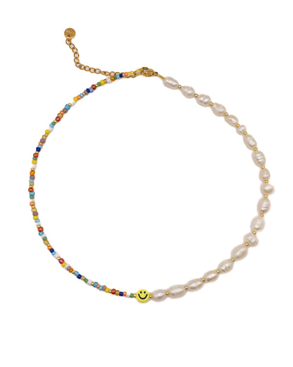 Smiley face pearl necklace with glass beads