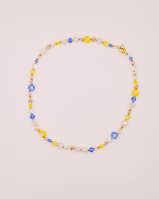 Beaded flower necklace in blue and yellow