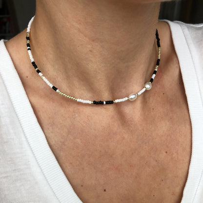 Black and white beaded necklace with freshwater pearls