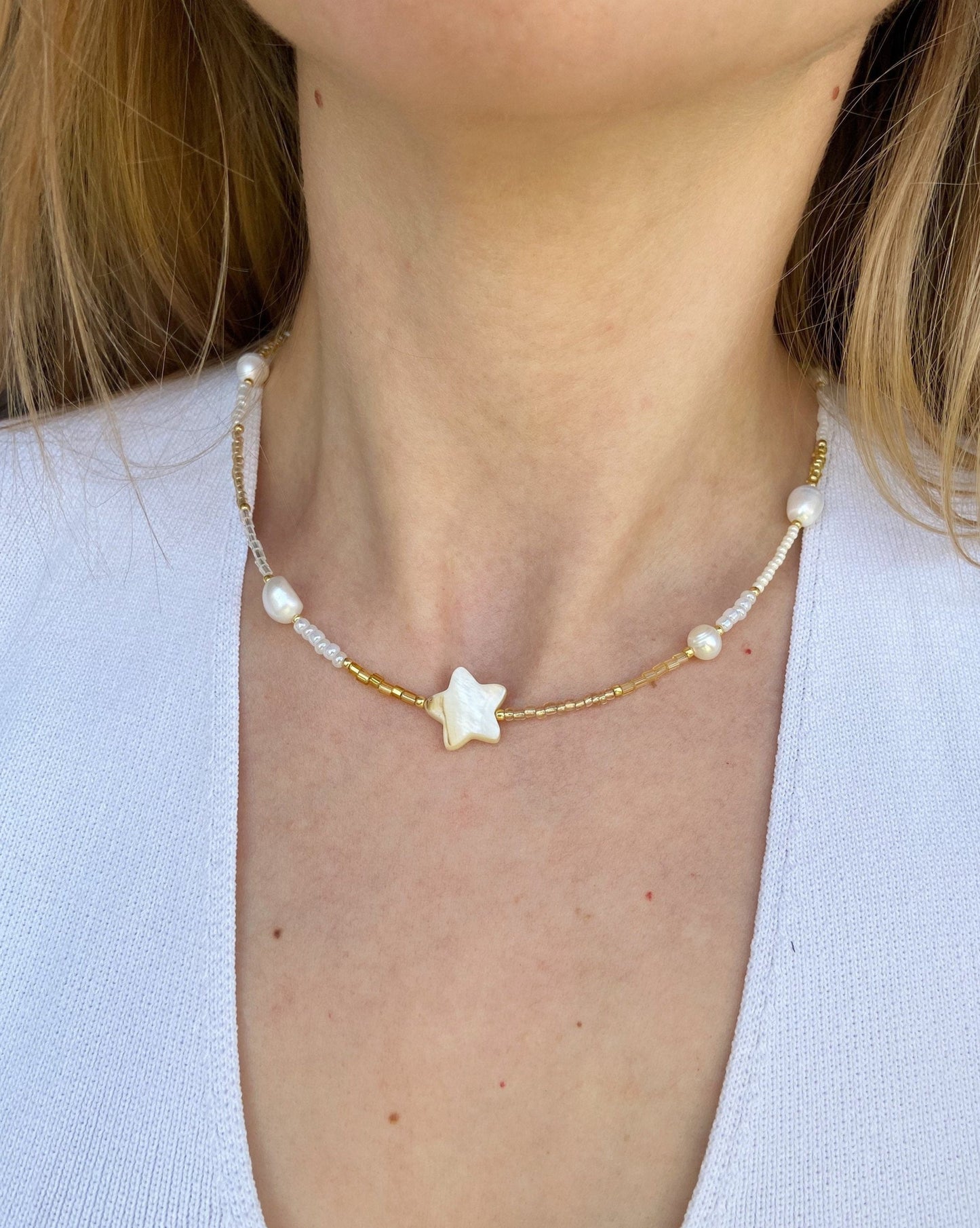 Mother of pearl beaded necklace , star necklace