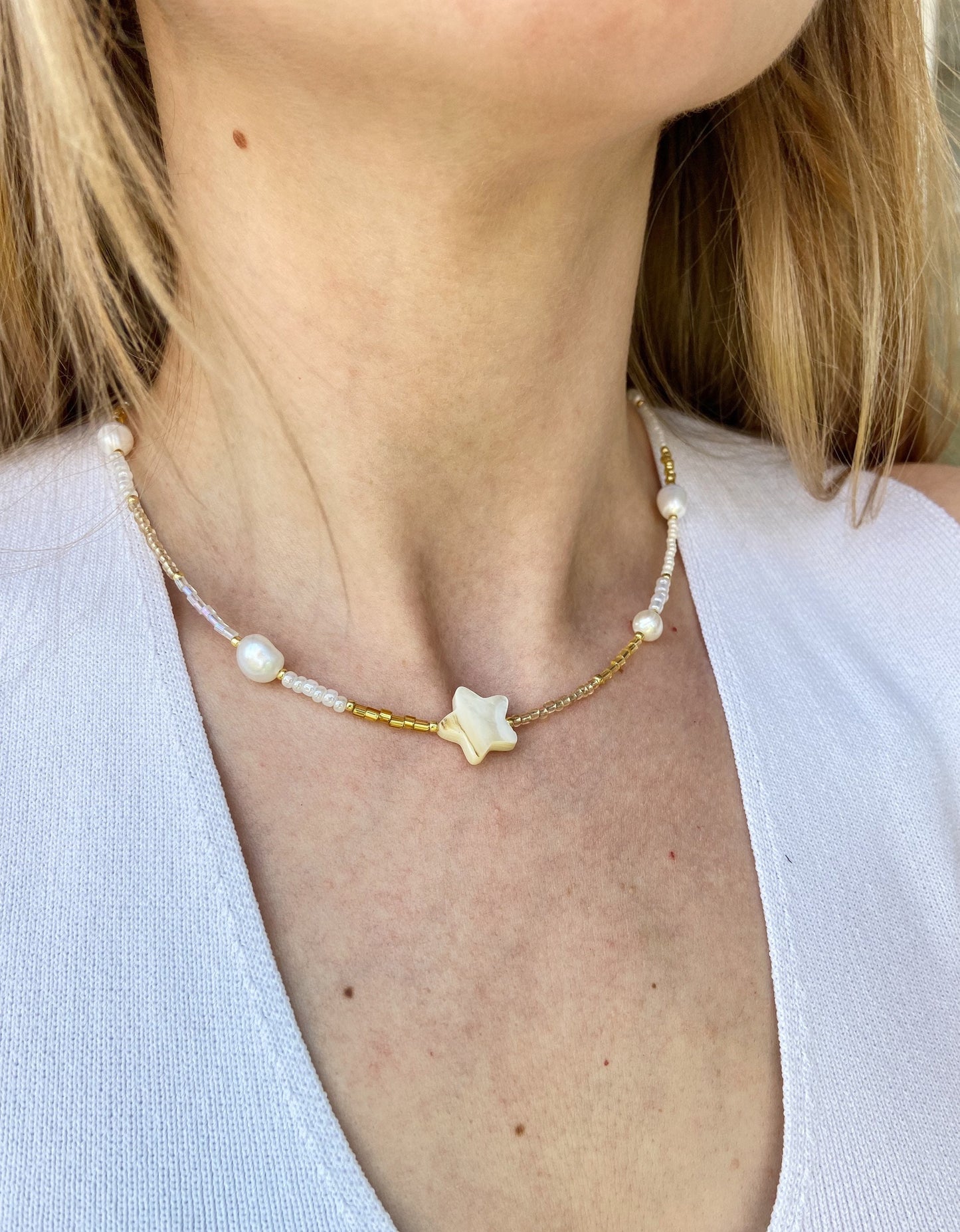 Mother of pearl beaded necklace , star necklace