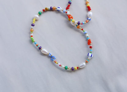 Flower beaded necklace, rainbow necklace