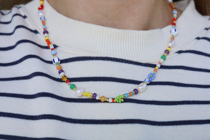 Flower beaded necklace, rainbow necklace