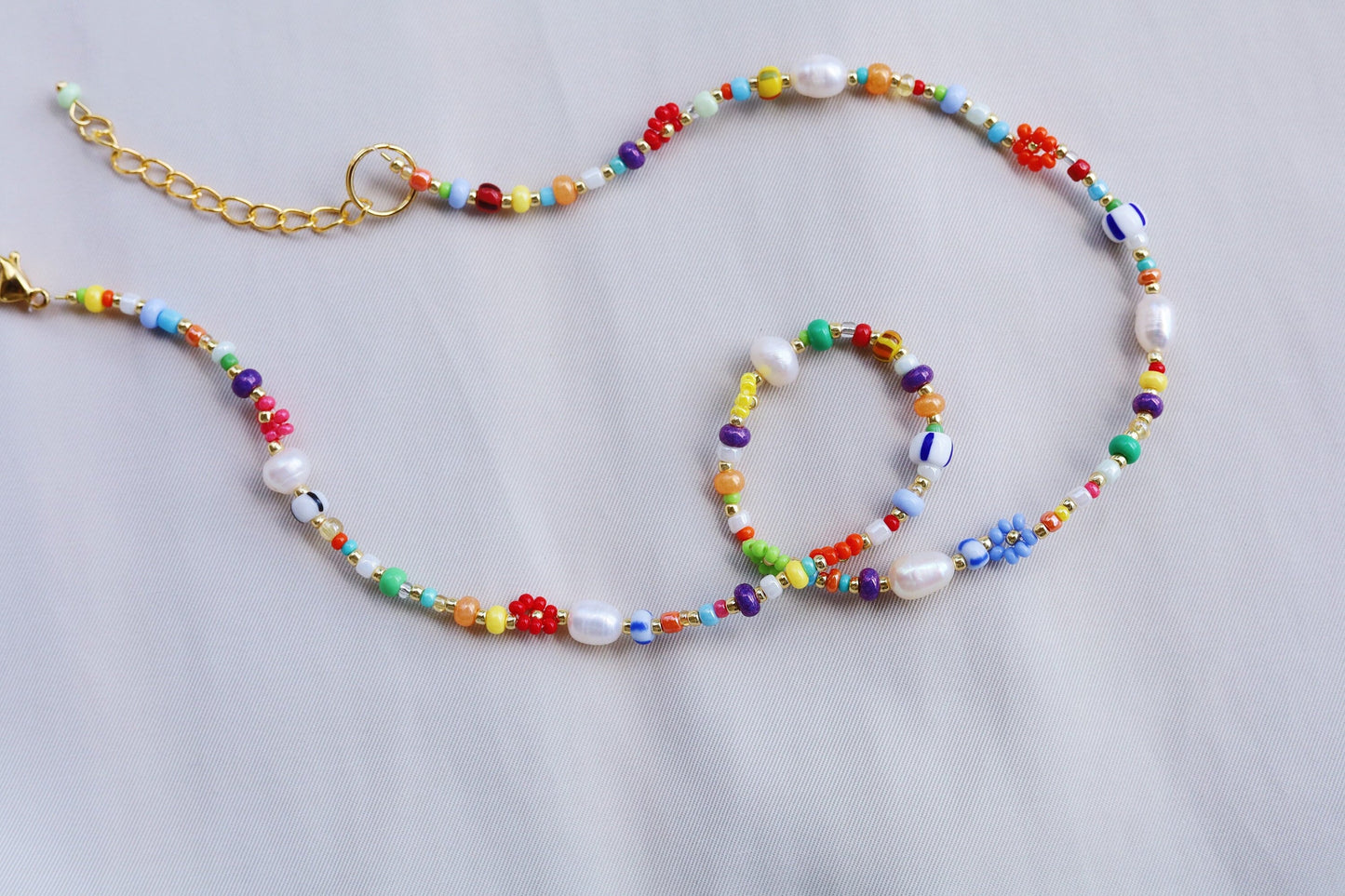 Flower beaded necklace, rainbow necklace