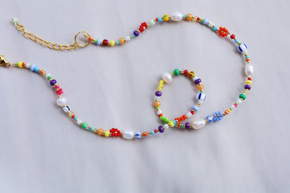 Flower beaded necklace, rainbow necklace