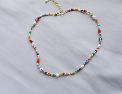 Flower beaded necklace, rainbow necklace