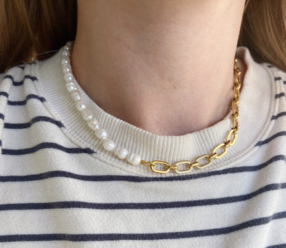 Chunky half pearl half chain necklace