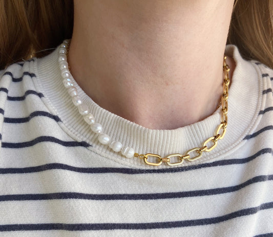 Chunky half pearl half chain necklace