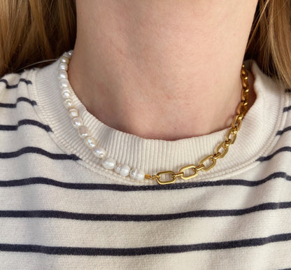 Chunky half pearl half chain necklace