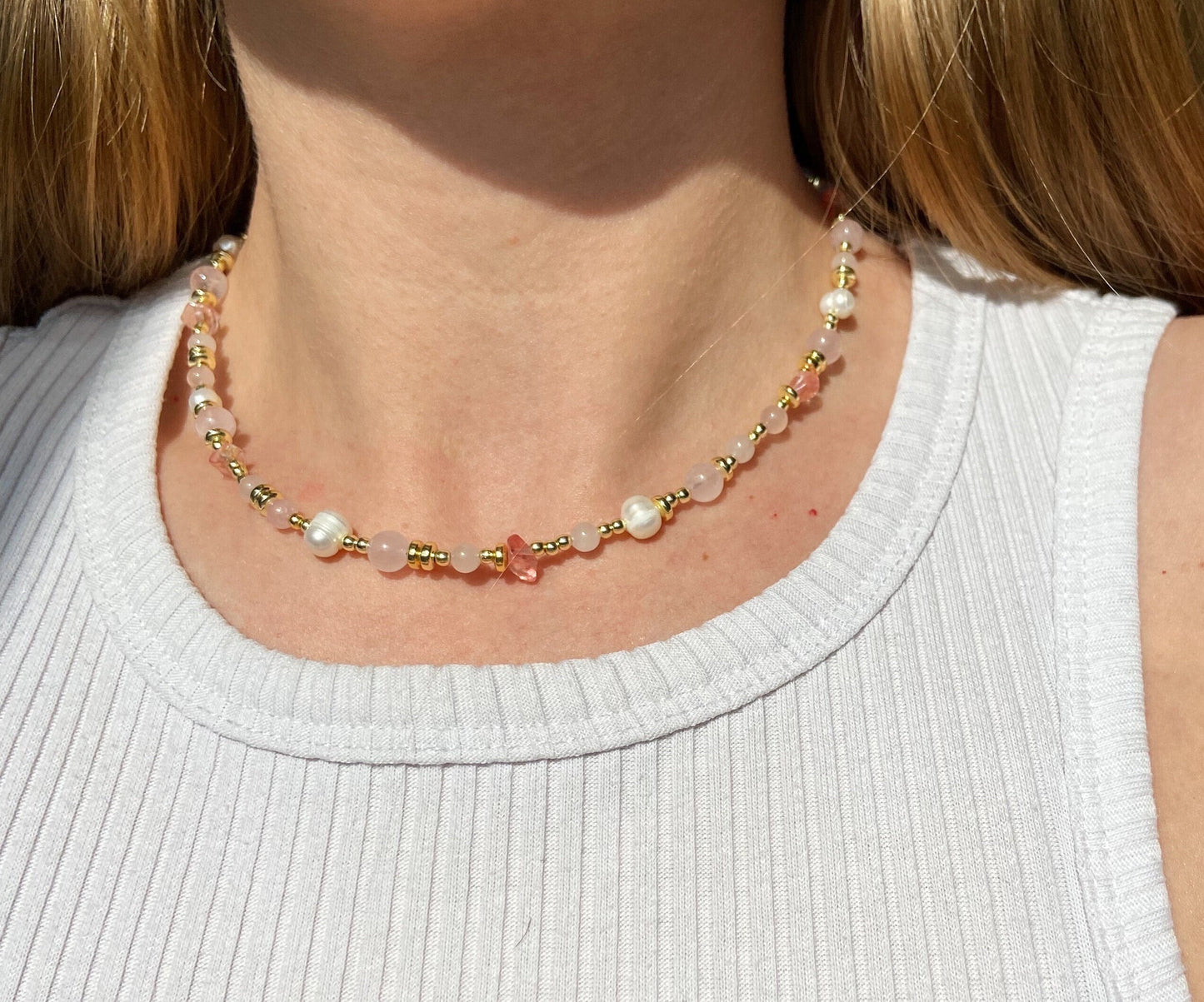 Beaded necklace, dainty necklace, rose quartz necklace, choker necklace