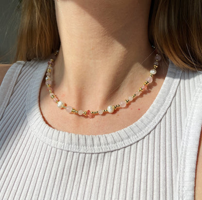 Beaded necklace, dainty necklace, rose quartz necklace, choker necklace