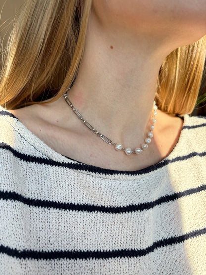 Long pearl and chain necklace